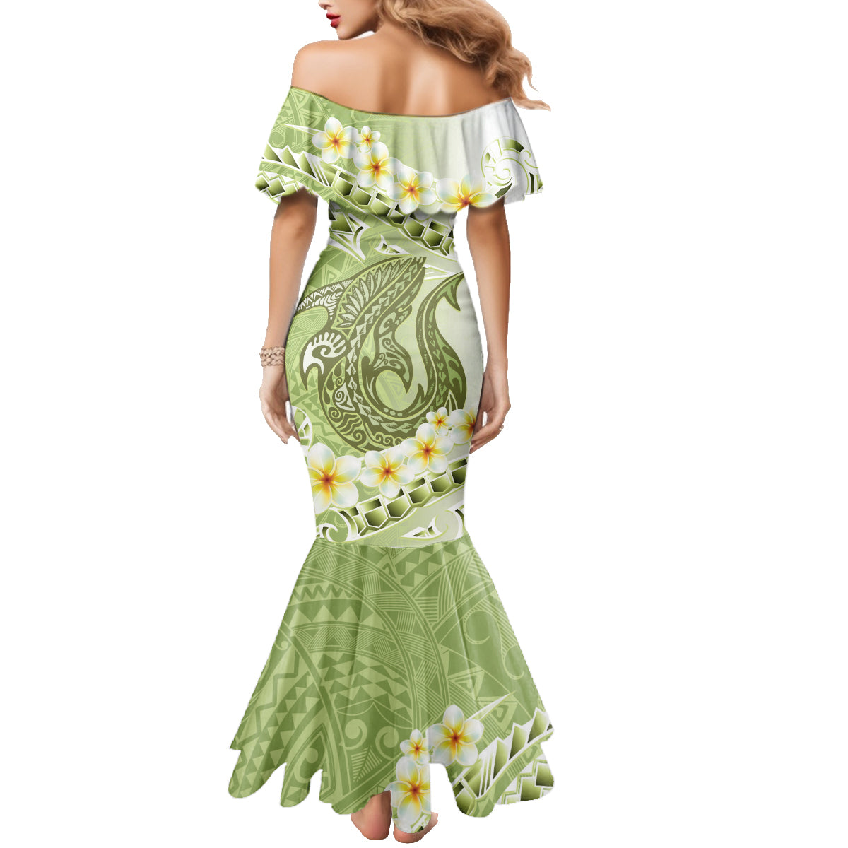 Green Hawaii Shark Tattoo Family Matching Mermaid Dress and Hawaiian Shirt Frangipani With Polynesian Pastel Version LT14 - Polynesian Pride