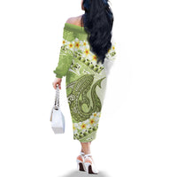 Green Hawaii Shark Tattoo Family Matching Off The Shoulder Long Sleeve Dress and Hawaiian Shirt Frangipani With Polynesian Pastel Version LT14 - Polynesian Pride