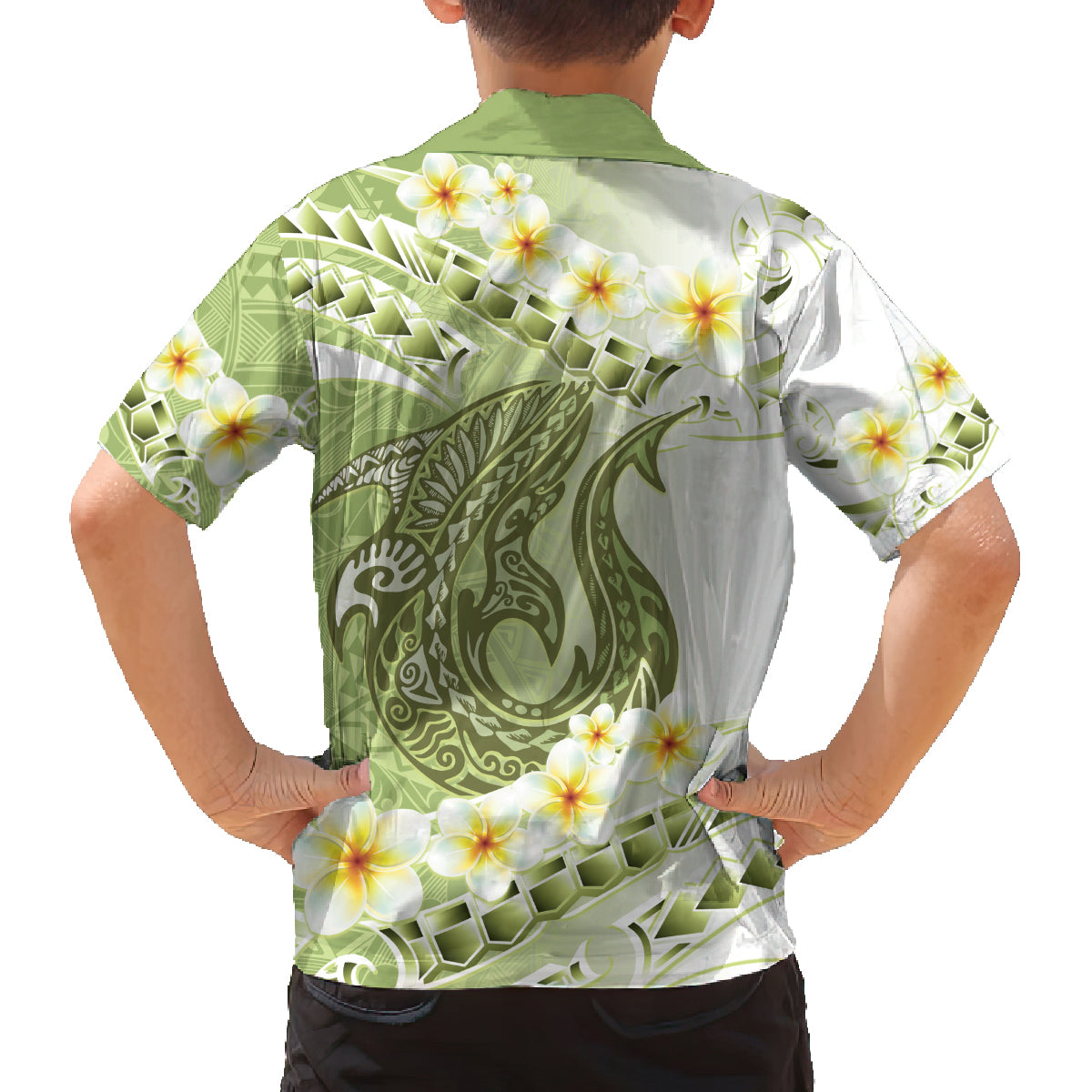 Green Hawaii Shark Tattoo Family Matching Off Shoulder Maxi Dress and Hawaiian Shirt Frangipani With Polynesian Pastel Version LT14 - Polynesian Pride