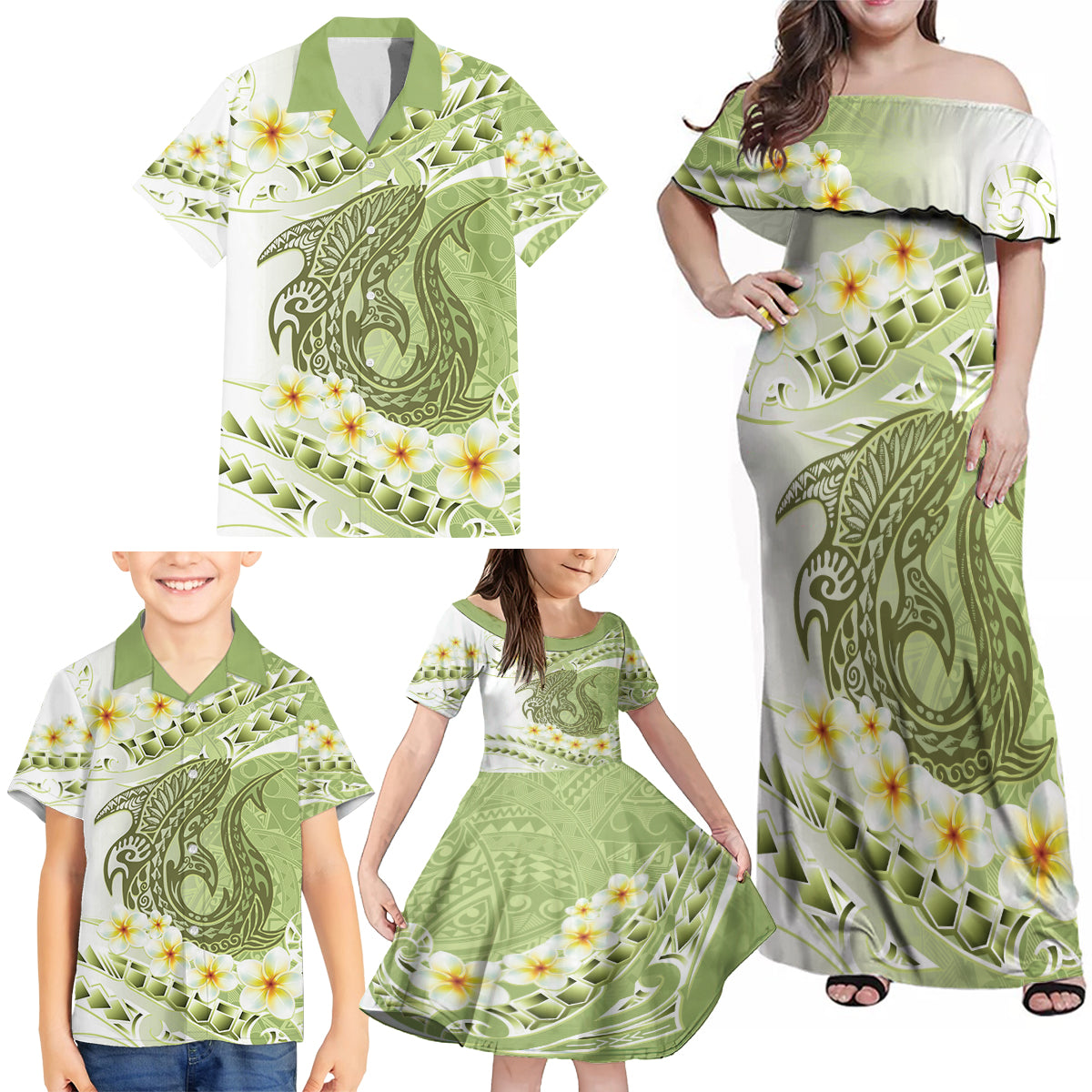 Green Hawaii Shark Tattoo Family Matching Off Shoulder Maxi Dress and Hawaiian Shirt Frangipani With Polynesian Pastel Version LT14 - Polynesian Pride