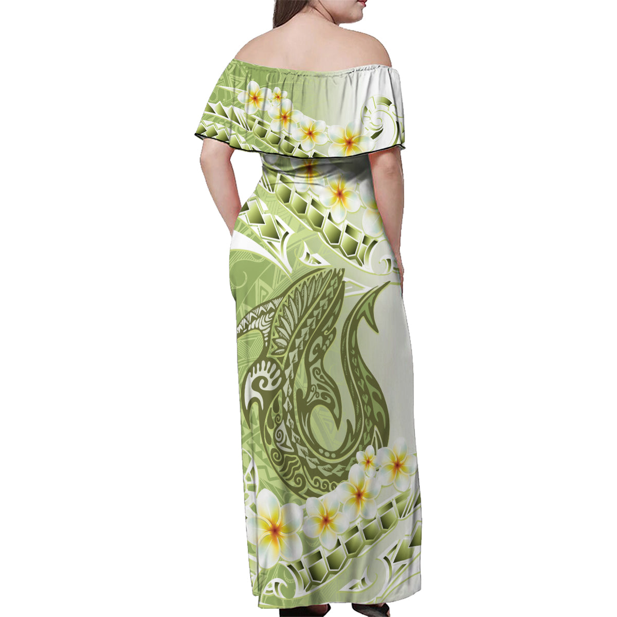 Green Hawaii Shark Tattoo Family Matching Off Shoulder Maxi Dress and Hawaiian Shirt Frangipani With Polynesian Pastel Version LT14 - Polynesian Pride