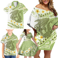Green Hawaii Shark Tattoo Family Matching Off Shoulder Short Dress and Hawaiian Shirt Frangipani With Polynesian Pastel Version LT14 - Polynesian Pride