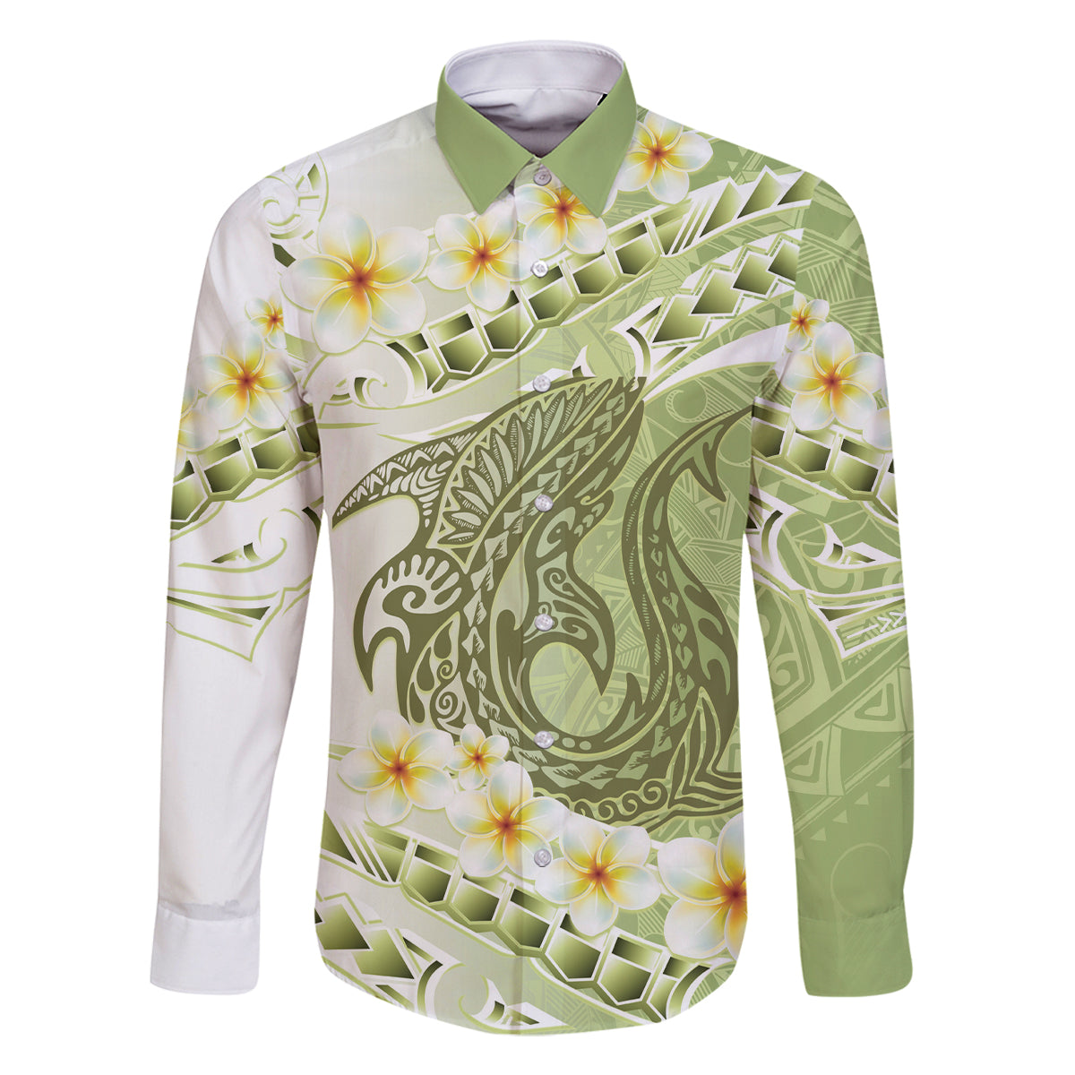 Green Hawaii Shark Tattoo Family Matching Off Shoulder Short Dress and Hawaiian Shirt Frangipani With Polynesian Pastel Version LT14 Dad's Shirt - Long Sleeve Green - Polynesian Pride