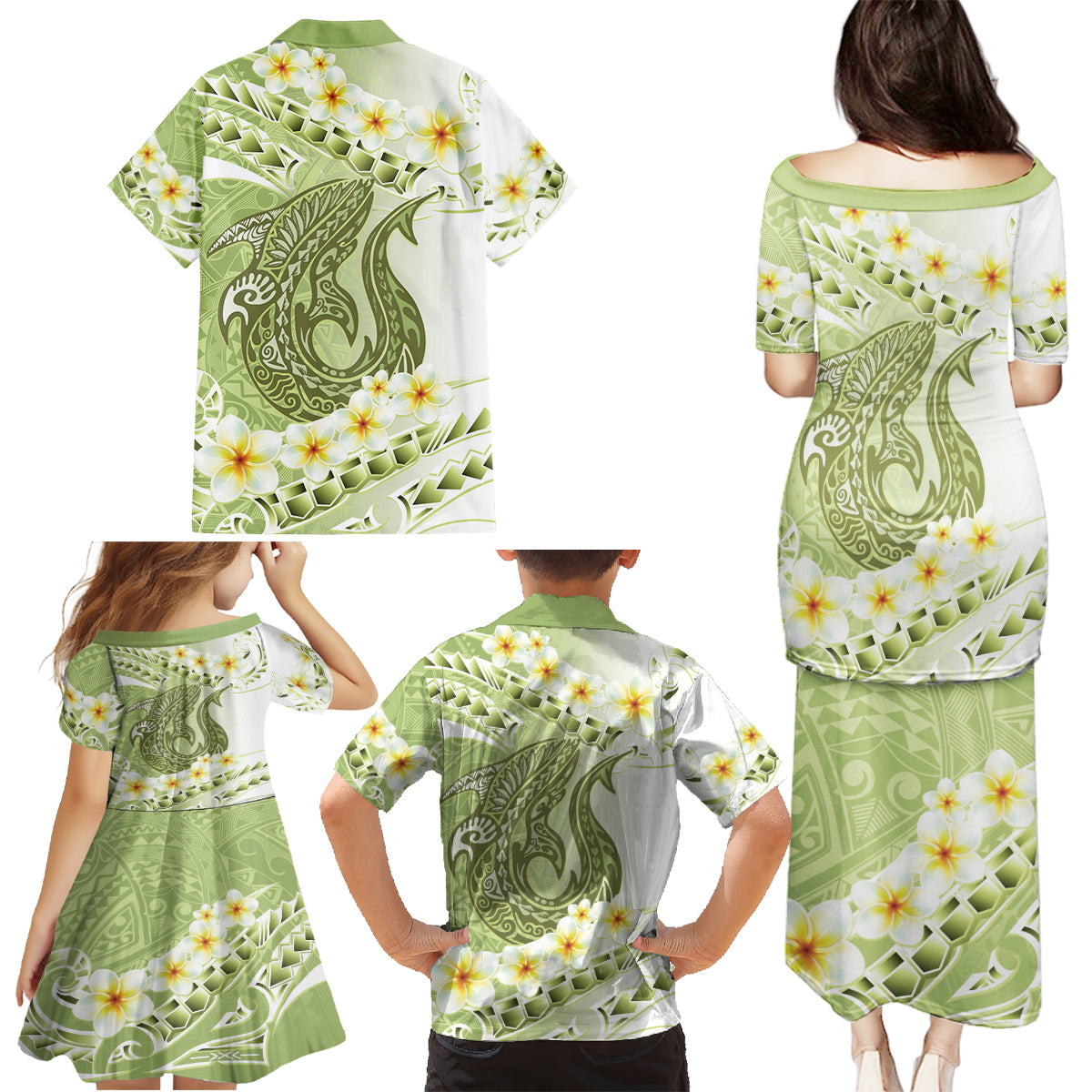 Green Hawaii Shark Tattoo Family Matching Puletasi and Hawaiian Shirt Frangipani With Polynesian Pastel Version LT14 - Polynesian Pride