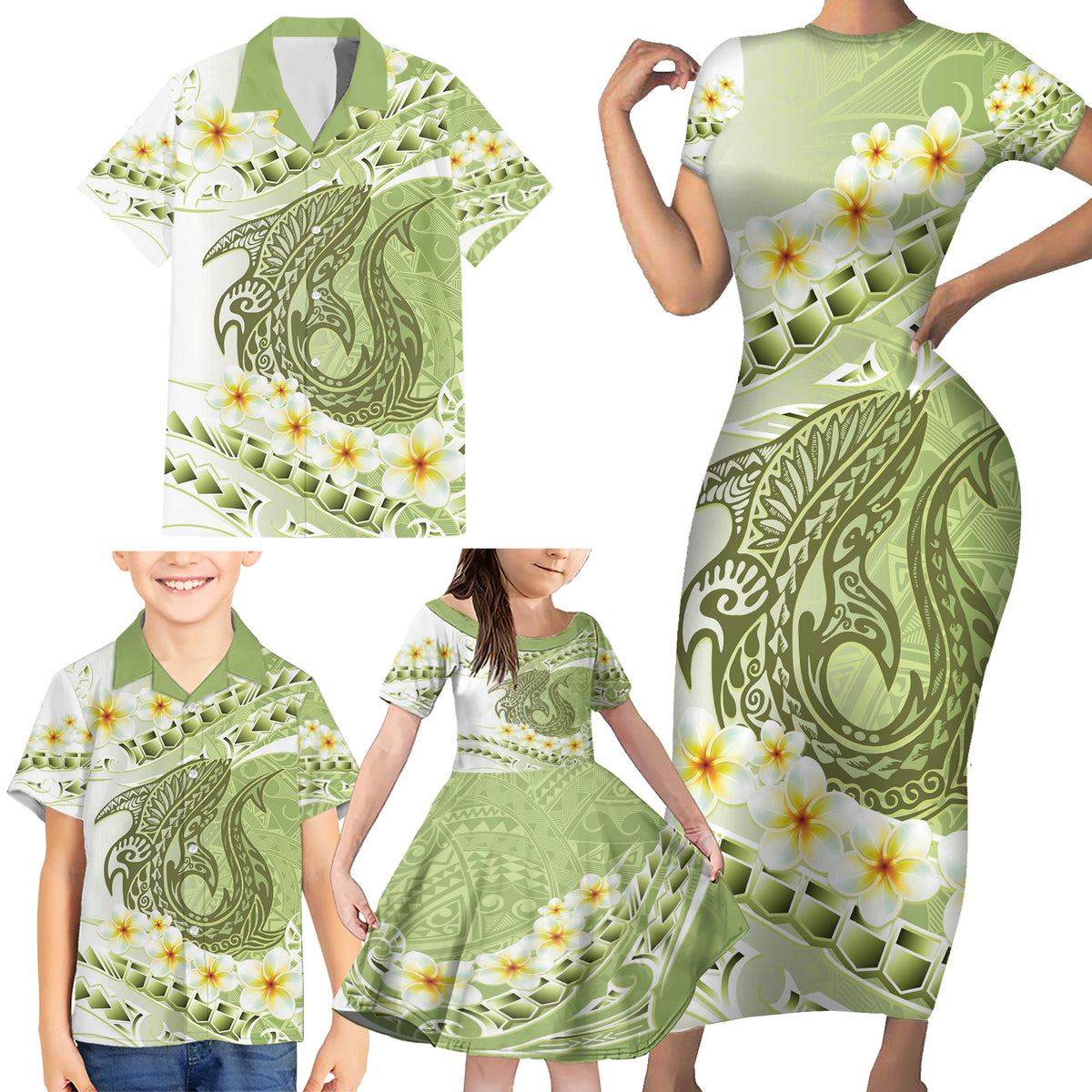 Green Hawaii Shark Tattoo Family Matching Short Sleeve Bodycon Dress and Hawaiian Shirt Frangipani With Polynesian Pastel Version LT14 - Polynesian Pride