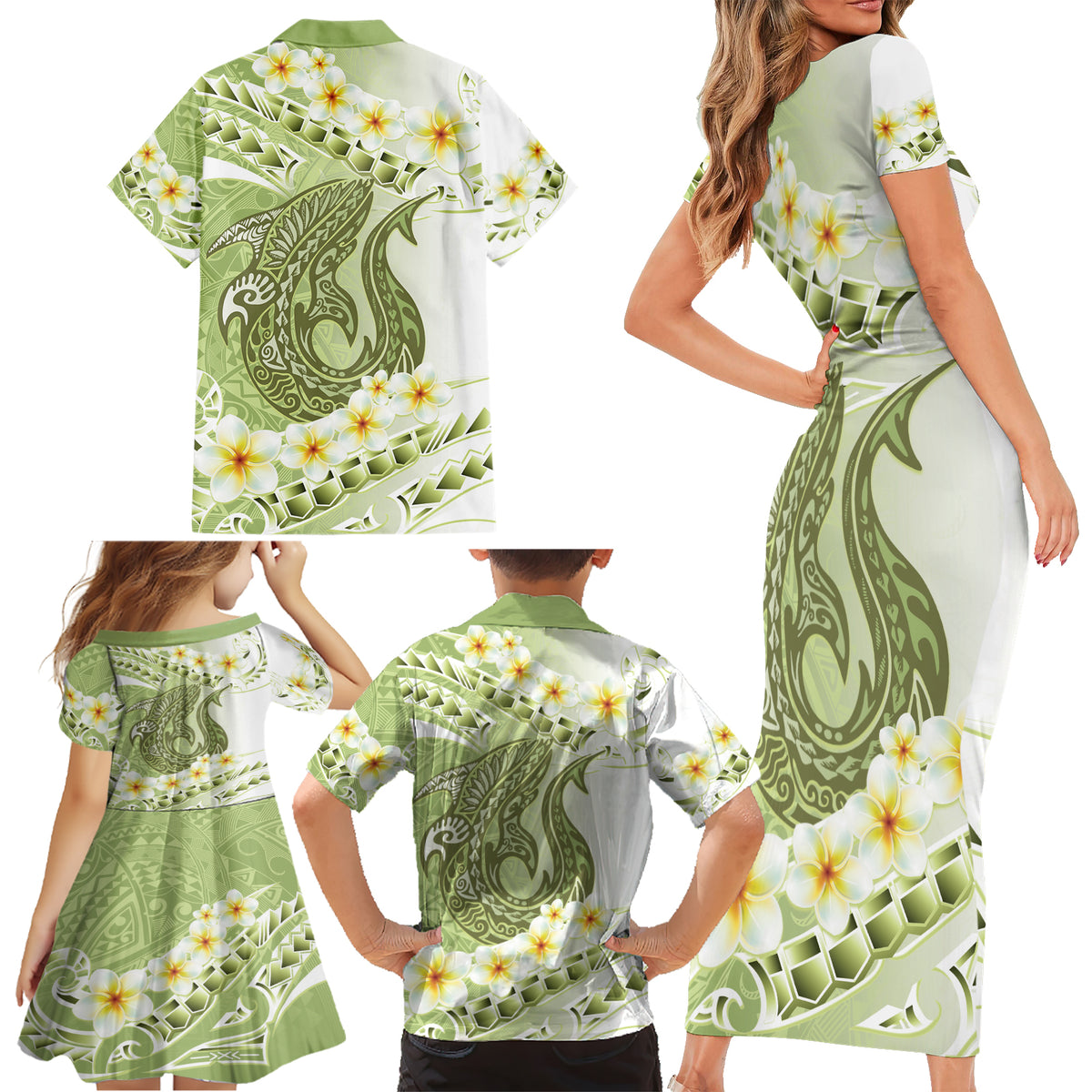 Green Hawaii Shark Tattoo Family Matching Short Sleeve Bodycon Dress and Hawaiian Shirt Frangipani With Polynesian Pastel Version LT14 - Polynesian Pride