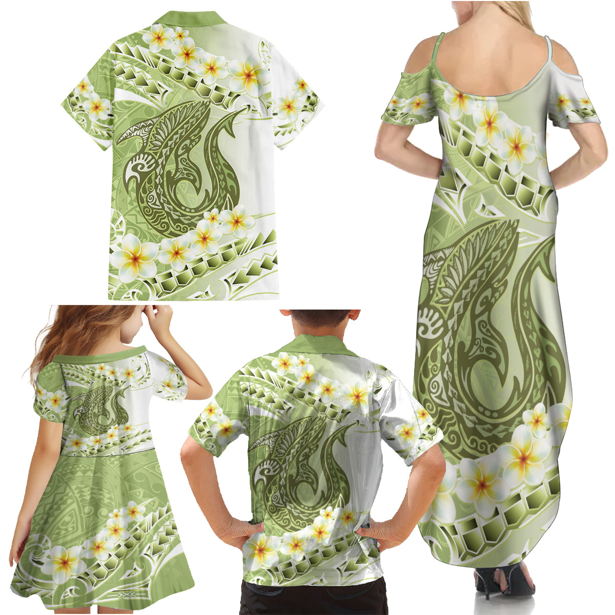 Green Hawaii Shark Tattoo Family Matching Summer Maxi Dress and Hawaiian Shirt Frangipani With Polynesian Pastel Version LT14 - Polynesian Pride