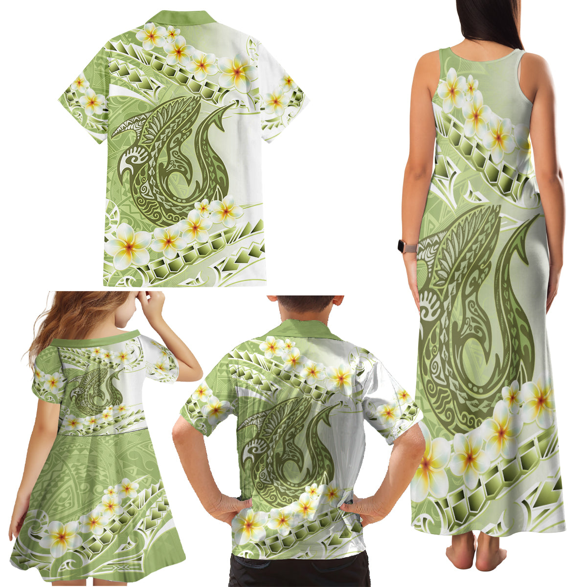 Green Hawaii Shark Tattoo Family Matching Tank Maxi Dress and Hawaiian Shirt Frangipani With Polynesian Pastel Version LT14 - Polynesian Pride