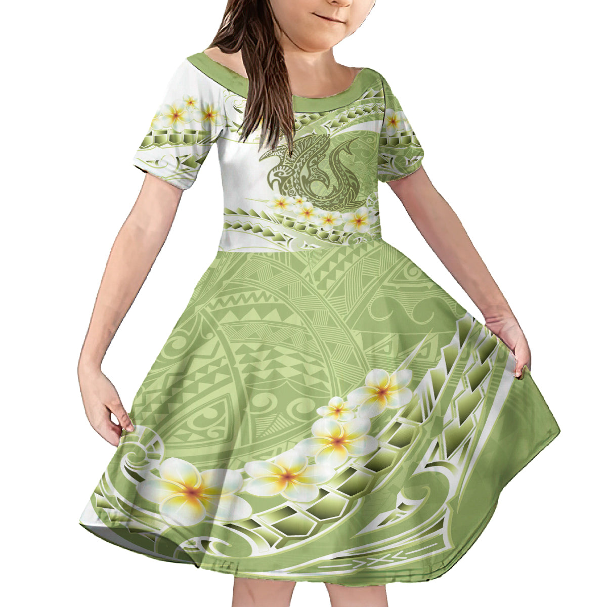 Green Hawaii Shark Tattoo Kid Short Sleeve Dress Frangipani With Polynesian Pastel Version LT14 KID Green - Polynesian Pride