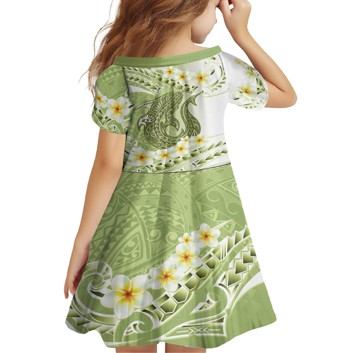 Green Hawaii Shark Tattoo Kid Short Sleeve Dress Frangipani With Polynesian Pastel Version LT14 - Polynesian Pride