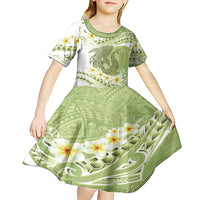 Green Hawaii Shark Tattoo Kid Short Sleeve Dress Frangipani With Polynesian Pastel Version LT14 - Polynesian Pride