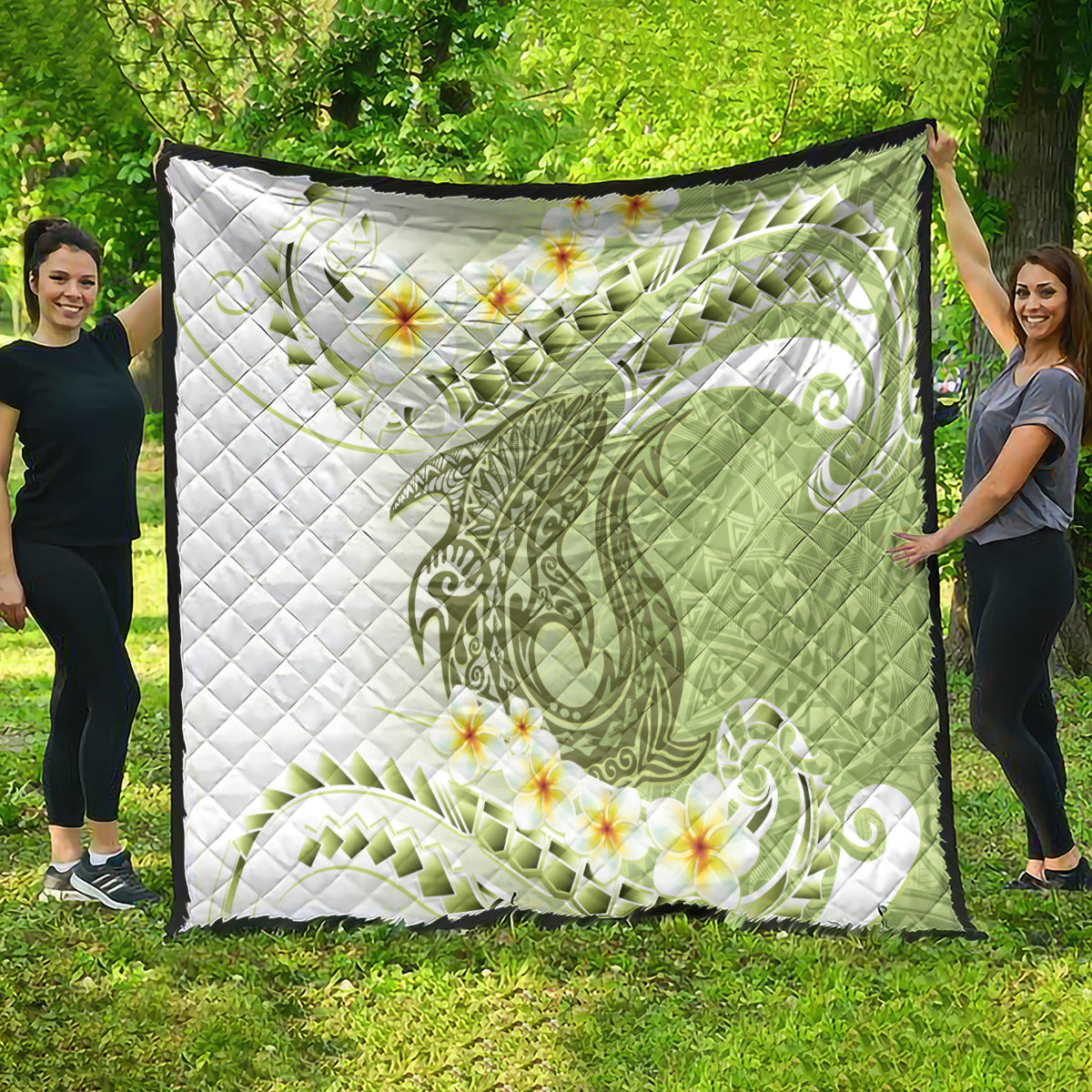 Green Hawaii Shark Tattoo Quilt Frangipani With Polynesian Pastel Version LT14 - Polynesian Pride