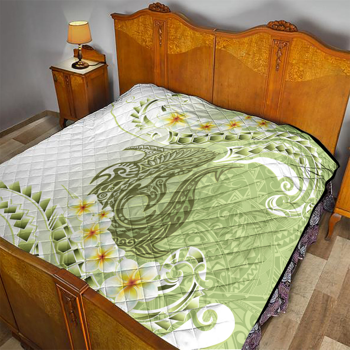 Green Hawaii Shark Tattoo Quilt Frangipani With Polynesian Pastel Version LT14 - Polynesian Pride