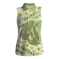 Green Hawaii Shark Tattoo Women Sleeveless Polo Shirt Frangipani With Polynesian Pastel Version LT14 Female Green - Polynesian Pride
