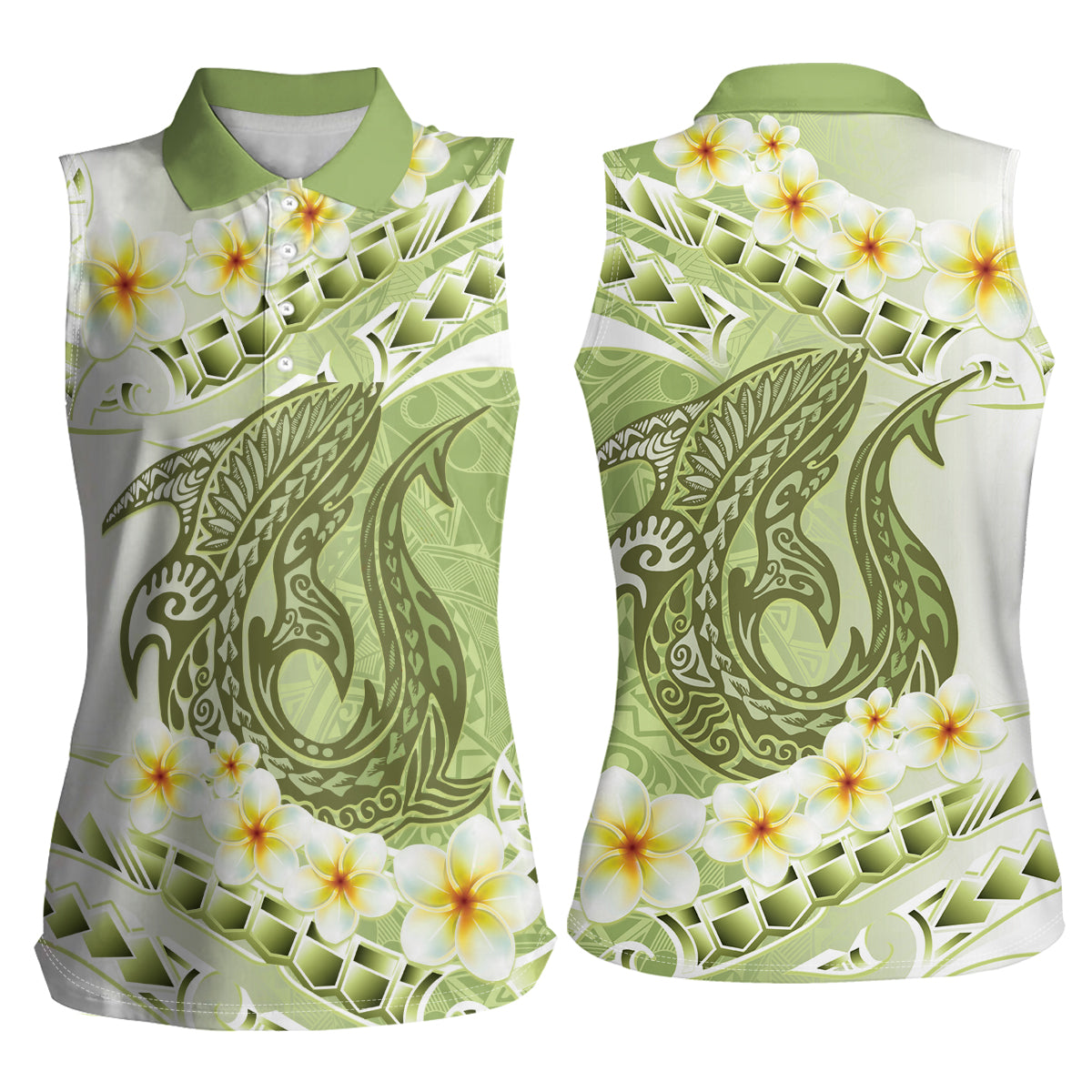 Green Hawaii Shark Tattoo Women Sleeveless Polo Shirt Frangipani With Polynesian Pastel Version LT14 - Polynesian Pride