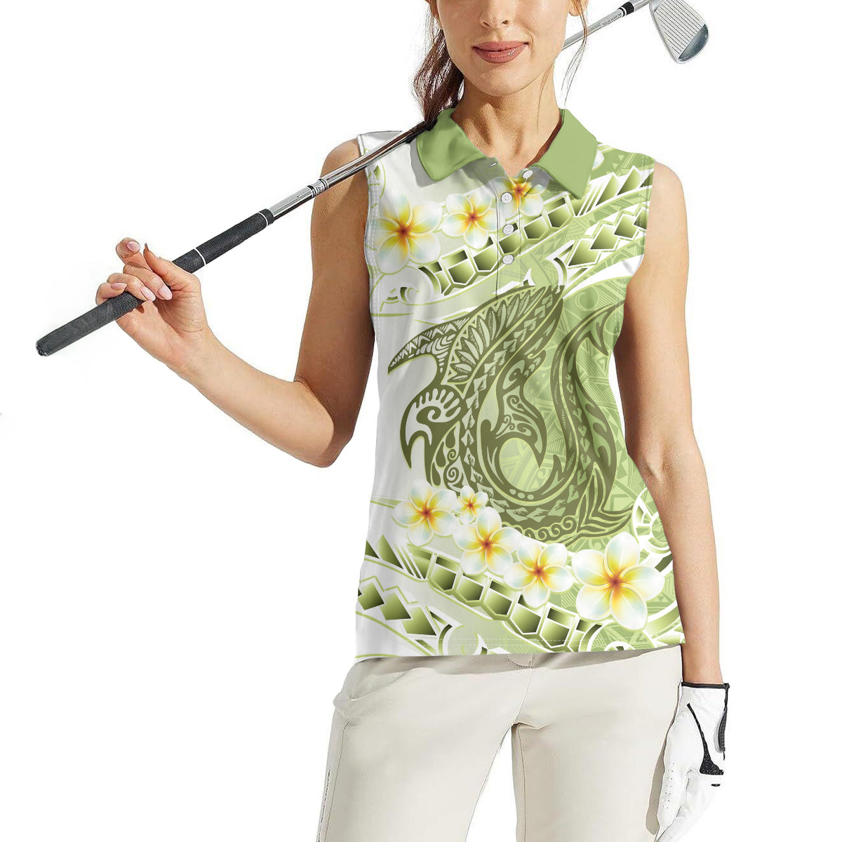 Green Hawaii Shark Tattoo Women Sleeveless Polo Shirt Frangipani With Polynesian Pastel Version LT14 - Polynesian Pride
