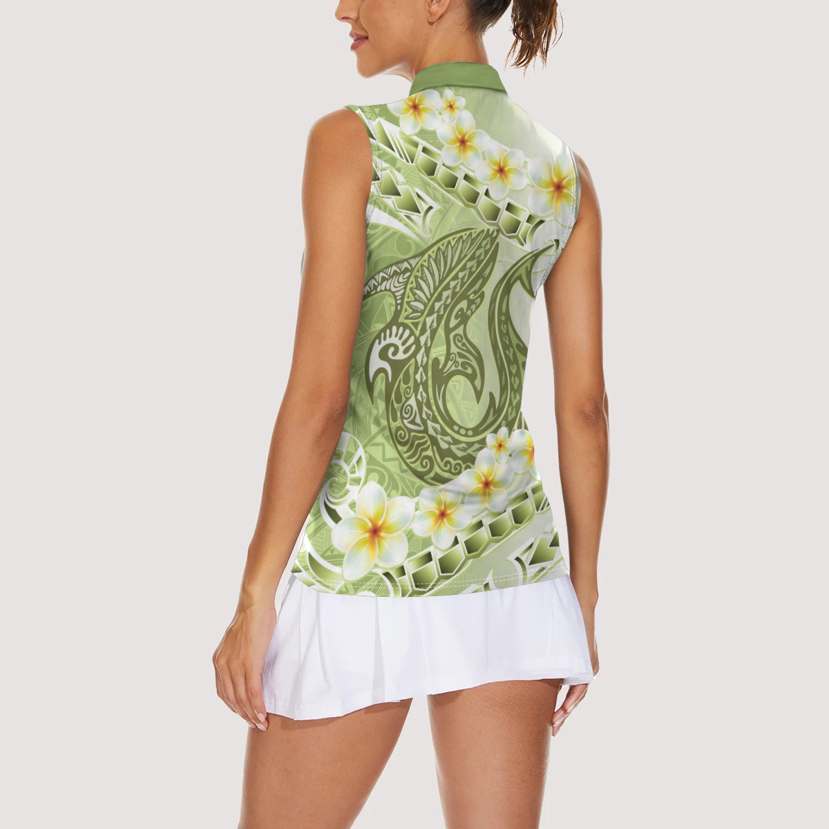 Green Hawaii Shark Tattoo Women Sleeveless Polo Shirt Frangipani With Polynesian Pastel Version LT14 - Polynesian Pride
