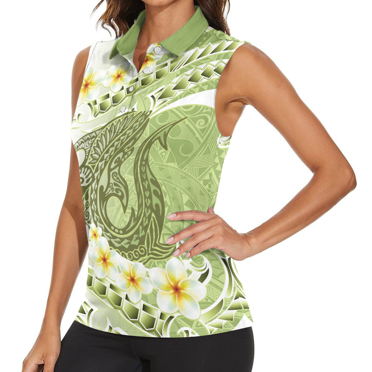 Green Hawaii Shark Tattoo Women Sleeveless Polo Shirt Frangipani With Polynesian Pastel Version LT14 - Polynesian Pride