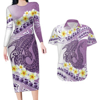 Purple Hawaii Shark Tattoo Couples Matching Long Sleeve Bodycon Dress and Hawaiian Shirt Frangipani With Polynesian Pastel Version LT14 Purple - Polynesian Pride