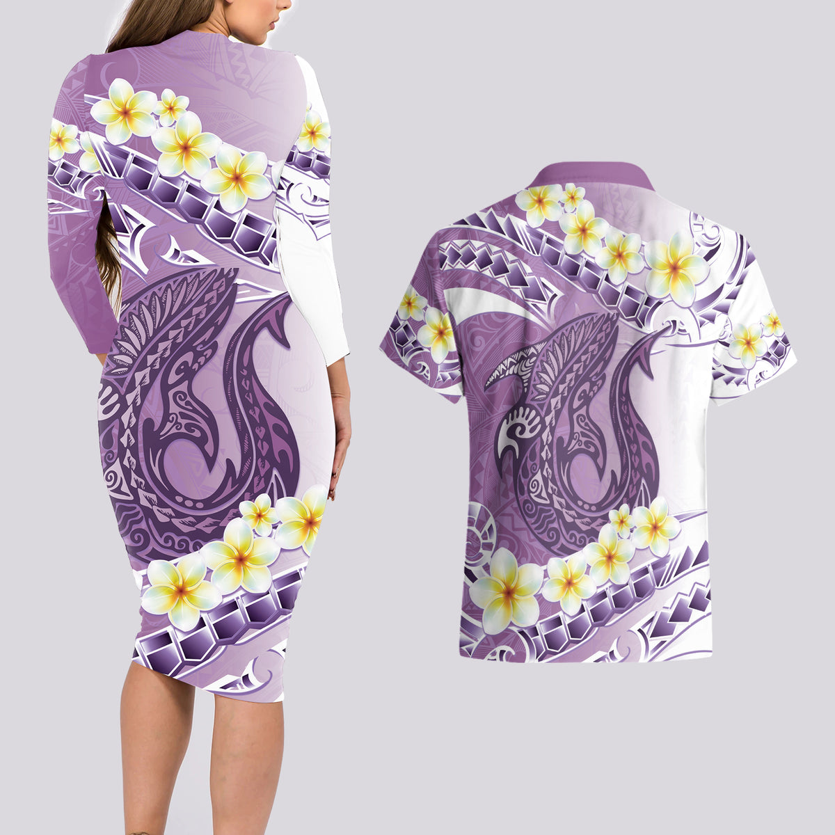Purple Hawaii Shark Tattoo Couples Matching Long Sleeve Bodycon Dress and Hawaiian Shirt Frangipani With Polynesian Pastel Version LT14 - Polynesian Pride