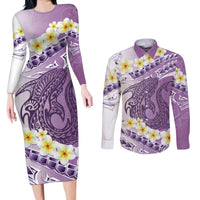 Purple Hawaii Shark Tattoo Couples Matching Long Sleeve Bodycon Dress and Long Sleeve Button Shirt Frangipani With Polynesian Pastel Version LT14 Purple - Polynesian Pride