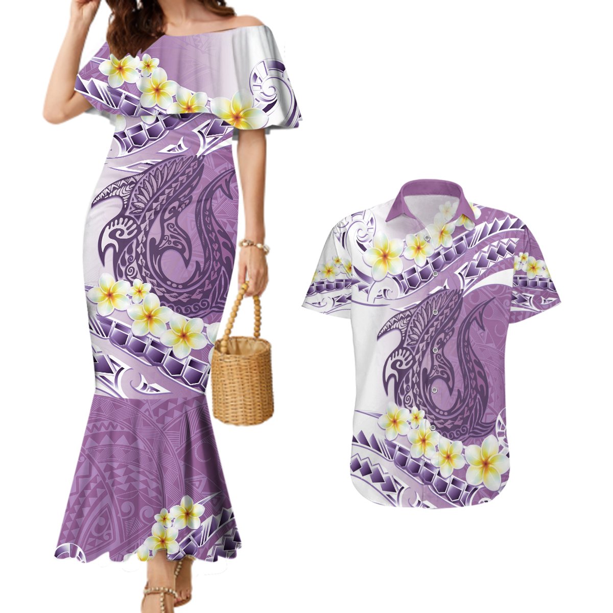 Purple Hawaii Shark Tattoo Couples Matching Mermaid Dress and Hawaiian Shirt Frangipani With Polynesian Pastel Version LT14 Purple - Polynesian Pride