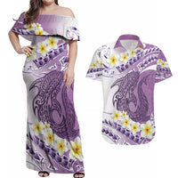 Purple Hawaii Shark Tattoo Couples Matching Off Shoulder Maxi Dress and Hawaiian Shirt Frangipani With Polynesian Pastel Version LT14 Purple - Polynesian Pride