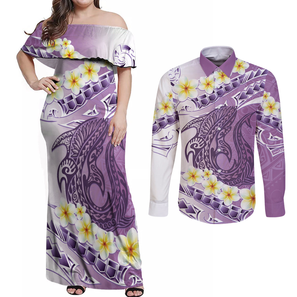 Purple Hawaii Shark Tattoo Couples Matching Off Shoulder Maxi Dress and Long Sleeve Button Shirt Frangipani With Polynesian Pastel Version