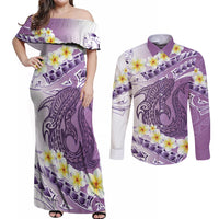 Purple Hawaii Shark Tattoo Couples Matching Off Shoulder Maxi Dress and Long Sleeve Button Shirt Frangipani With Polynesian Pastel Version LT14 Purple - Polynesian Pride