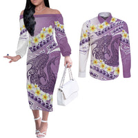 Purple Hawaii Shark Tattoo Couples Matching Off The Shoulder Long Sleeve Dress and Long Sleeve Button Shirt Frangipani With Polynesian Pastel Version LT14 Purple - Polynesian Pride