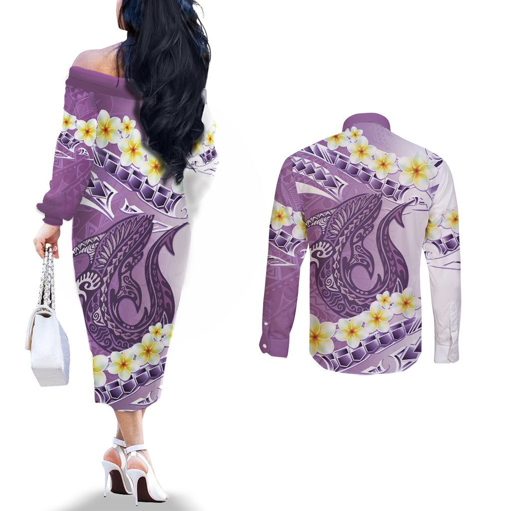 Purple Hawaii Shark Tattoo Couples Matching Off The Shoulder Long Sleeve Dress and Long Sleeve Button Shirt Frangipani With Polynesian Pastel Version LT14 - Polynesian Pride