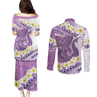 Purple Hawaii Shark Tattoo Couples Matching Puletasi and Long Sleeve Button Shirt Frangipani With Polynesian Pastel Version