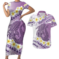Purple Hawaii Shark Tattoo Couples Matching Short Sleeve Bodycon Dress and Hawaiian Shirt Frangipani With Polynesian Pastel Version LT14 Purple - Polynesian Pride