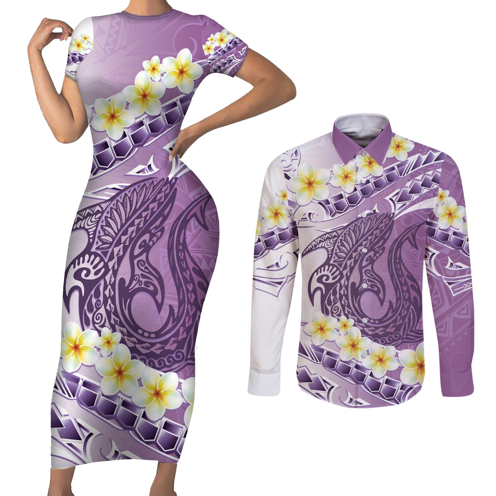 Purple Hawaii Shark Tattoo Couples Matching Short Sleeve Bodycon Dress and Long Sleeve Button Shirt Frangipani With Polynesian Pastel Version