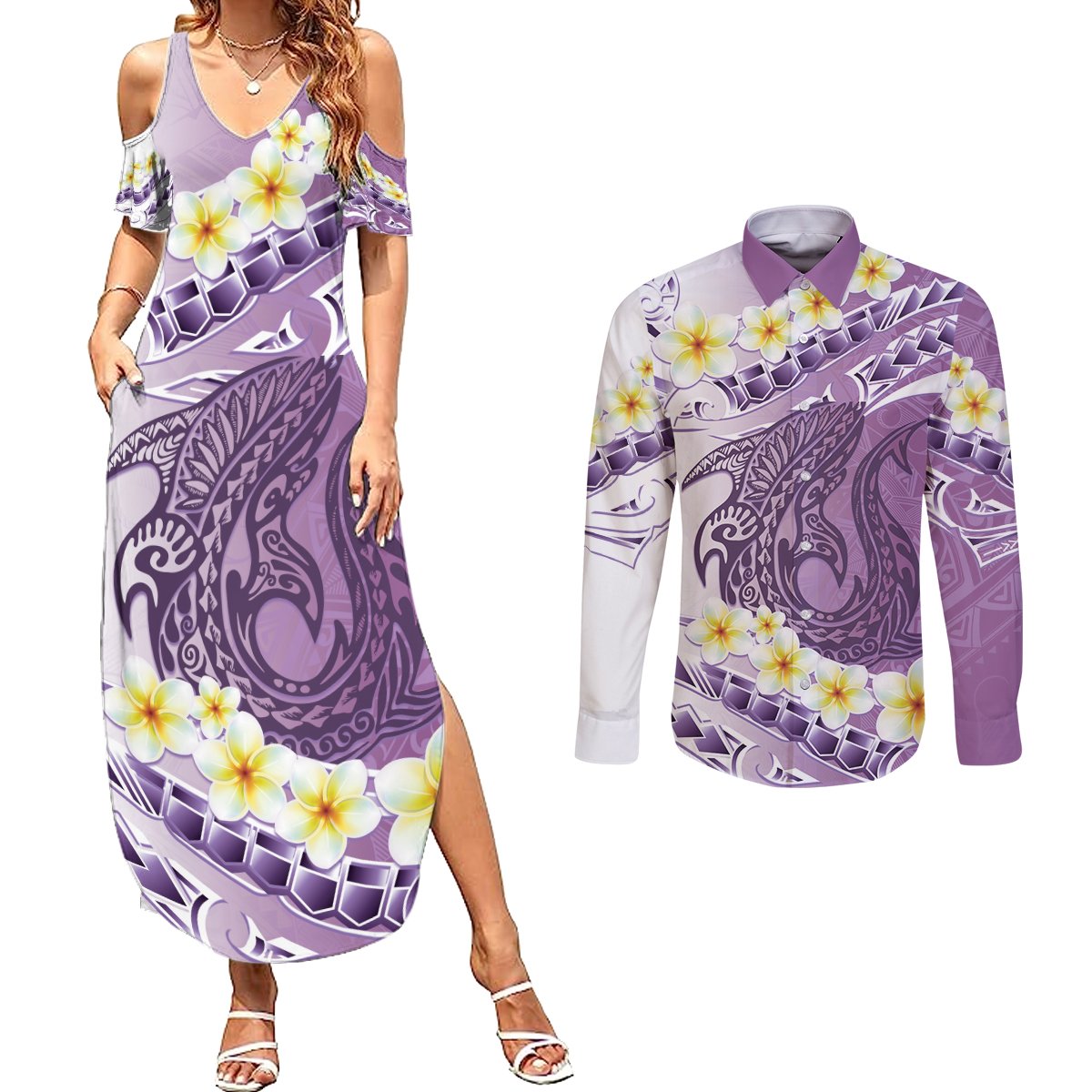 Purple Hawaii Shark Tattoo Couples Matching Summer Maxi Dress and Long Sleeve Button Shirt Frangipani With Polynesian Pastel Version LT14 Purple - Polynesian Pride