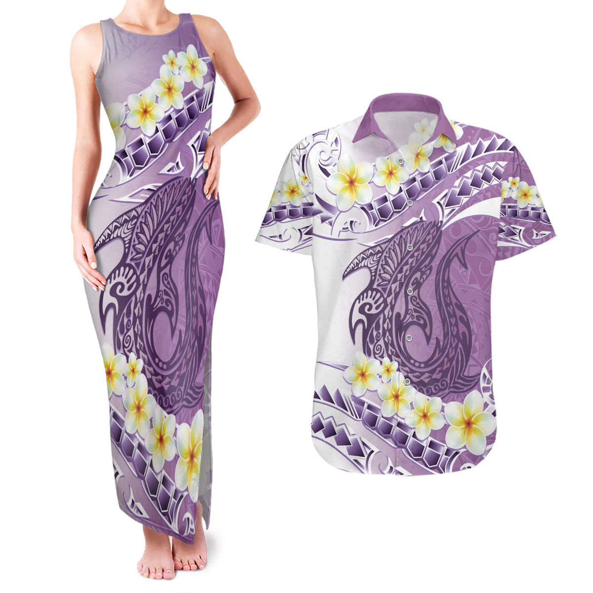 Purple Hawaii Shark Tattoo Couples Matching Tank Maxi Dress and Hawaiian Shirt Frangipani With Polynesian Pastel Version LT14 Purple - Polynesian Pride