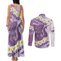 Purple Hawaii Shark Tattoo Couples Matching Tank Maxi Dress and Long Sleeve Button Shirt Frangipani With Polynesian Pastel Version LT14 - Polynesian Pride