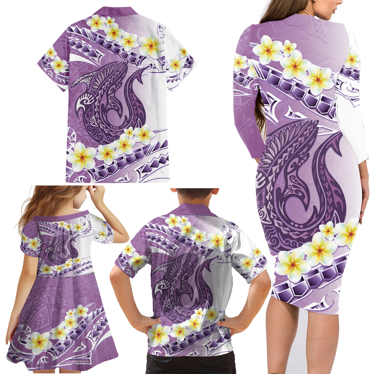 Purple Hawaii Shark Tattoo Family Matching Long Sleeve Bodycon Dress and Hawaiian Shirt Frangipani With Polynesian Pastel Version LT14 - Polynesian Pride