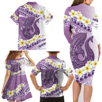 Purple Hawaii Shark Tattoo Family Matching Long Sleeve Bodycon Dress and Hawaiian Shirt Frangipani With Polynesian Pastel Version LT14 - Polynesian Pride