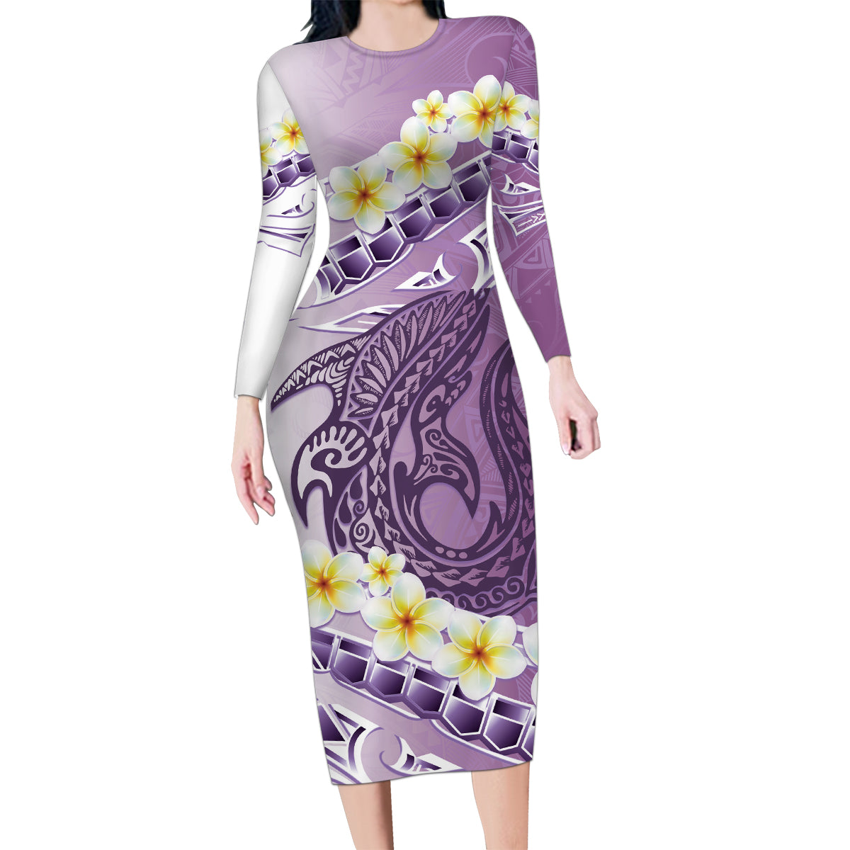 Purple Hawaii Shark Tattoo Family Matching Long Sleeve Bodycon Dress and Hawaiian Shirt Frangipani With Polynesian Pastel Version LT14 Mom's Dress Purple - Polynesian Pride