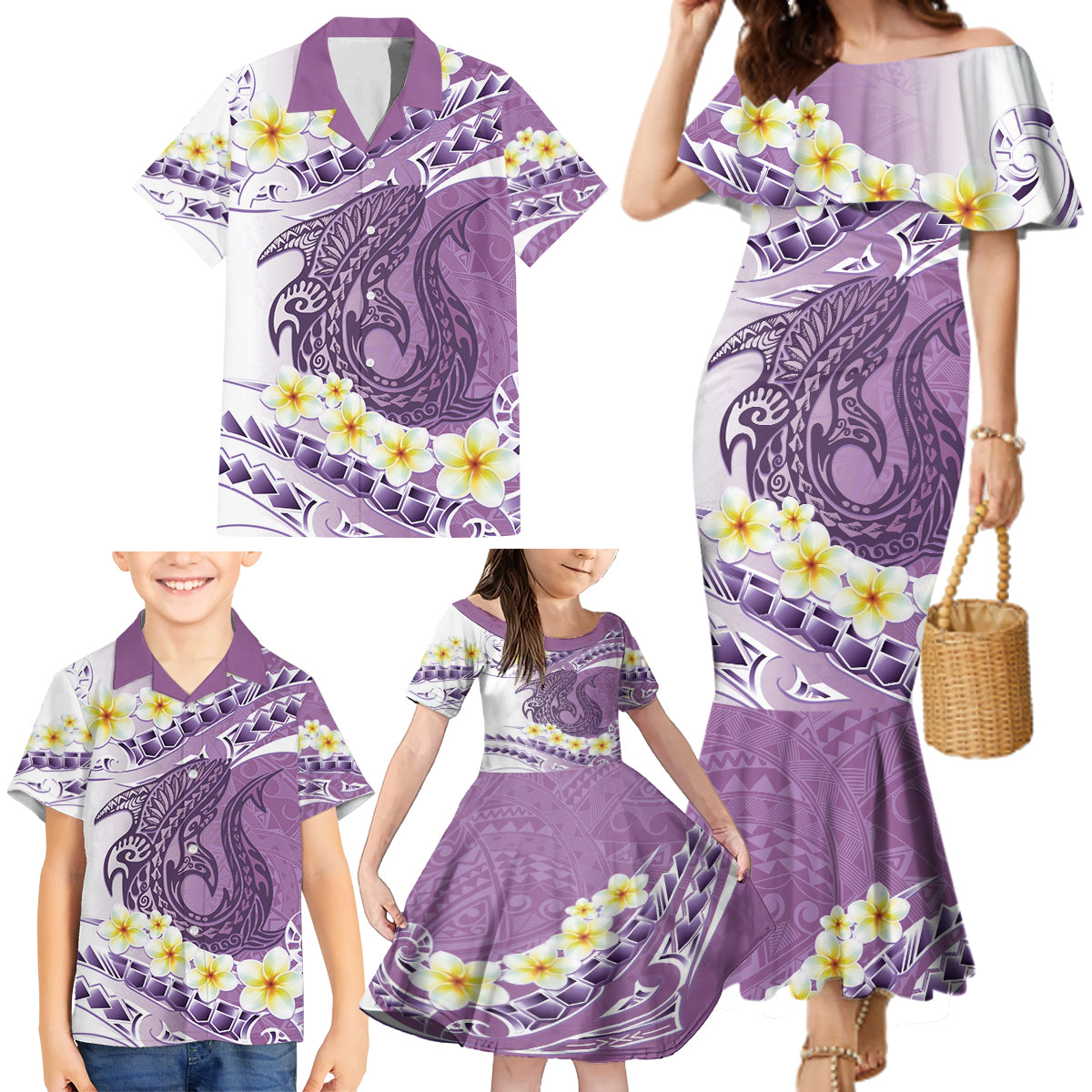 Purple Hawaii Shark Tattoo Family Matching Mermaid Dress and Hawaiian Shirt Frangipani With Polynesian Pastel Version LT14 - Polynesian Pride