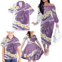 Purple Hawaii Shark Tattoo Family Matching Off The Shoulder Long Sleeve Dress and Hawaiian Shirt Frangipani With Polynesian Pastel Version LT14 - Polynesian Pride