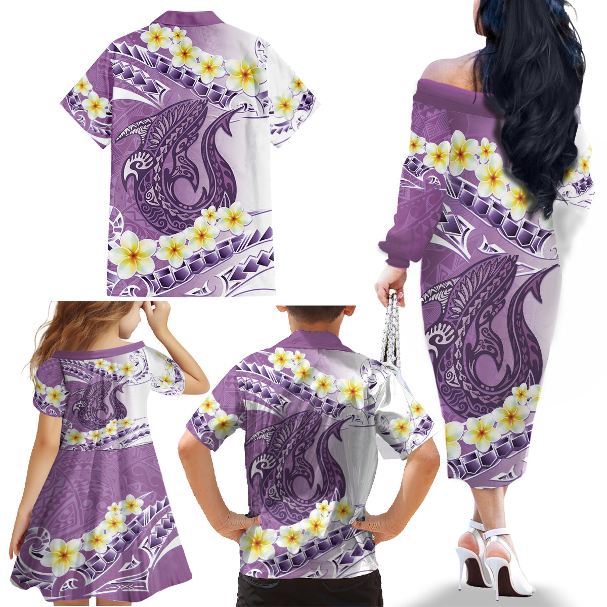 Purple Hawaii Shark Tattoo Family Matching Off The Shoulder Long Sleeve Dress and Hawaiian Shirt Frangipani With Polynesian Pastel Version LT14 - Polynesian Pride