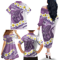 Purple Hawaii Shark Tattoo Family Matching Off The Shoulder Long Sleeve Dress and Hawaiian Shirt Frangipani With Polynesian Pastel Version LT14 - Polynesian Pride