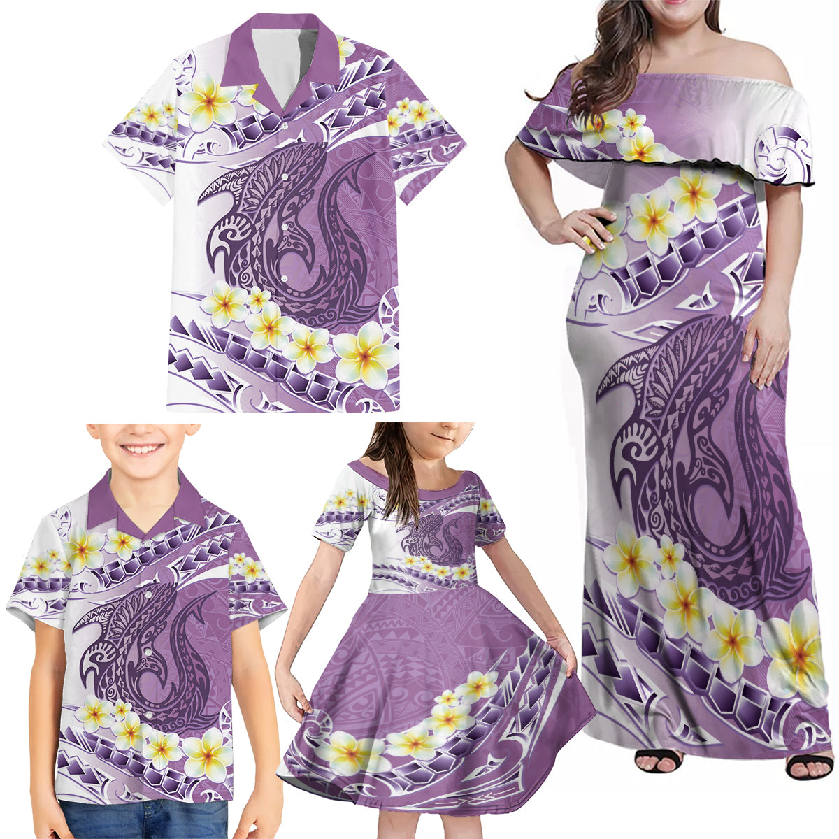 Purple Hawaii Shark Tattoo Family Matching Off Shoulder Maxi Dress and Hawaiian Shirt Frangipani With Polynesian Pastel Version LT14 - Polynesian Pride