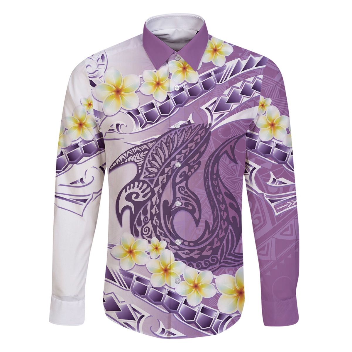 Purple Hawaii Shark Tattoo Family Matching Off Shoulder Maxi Dress and Hawaiian Shirt Frangipani With Polynesian Pastel Version LT14 Dad's Shirt - Long Sleeve Purple - Polynesian Pride