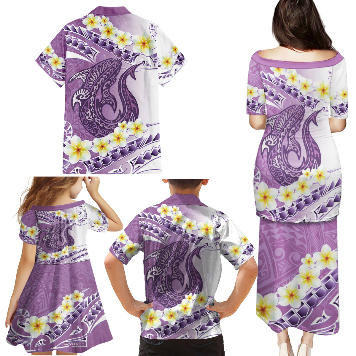 Purple Hawaii Shark Tattoo Family Matching Puletasi and Hawaiian Shirt Frangipani With Polynesian Pastel Version LT14 - Polynesian Pride