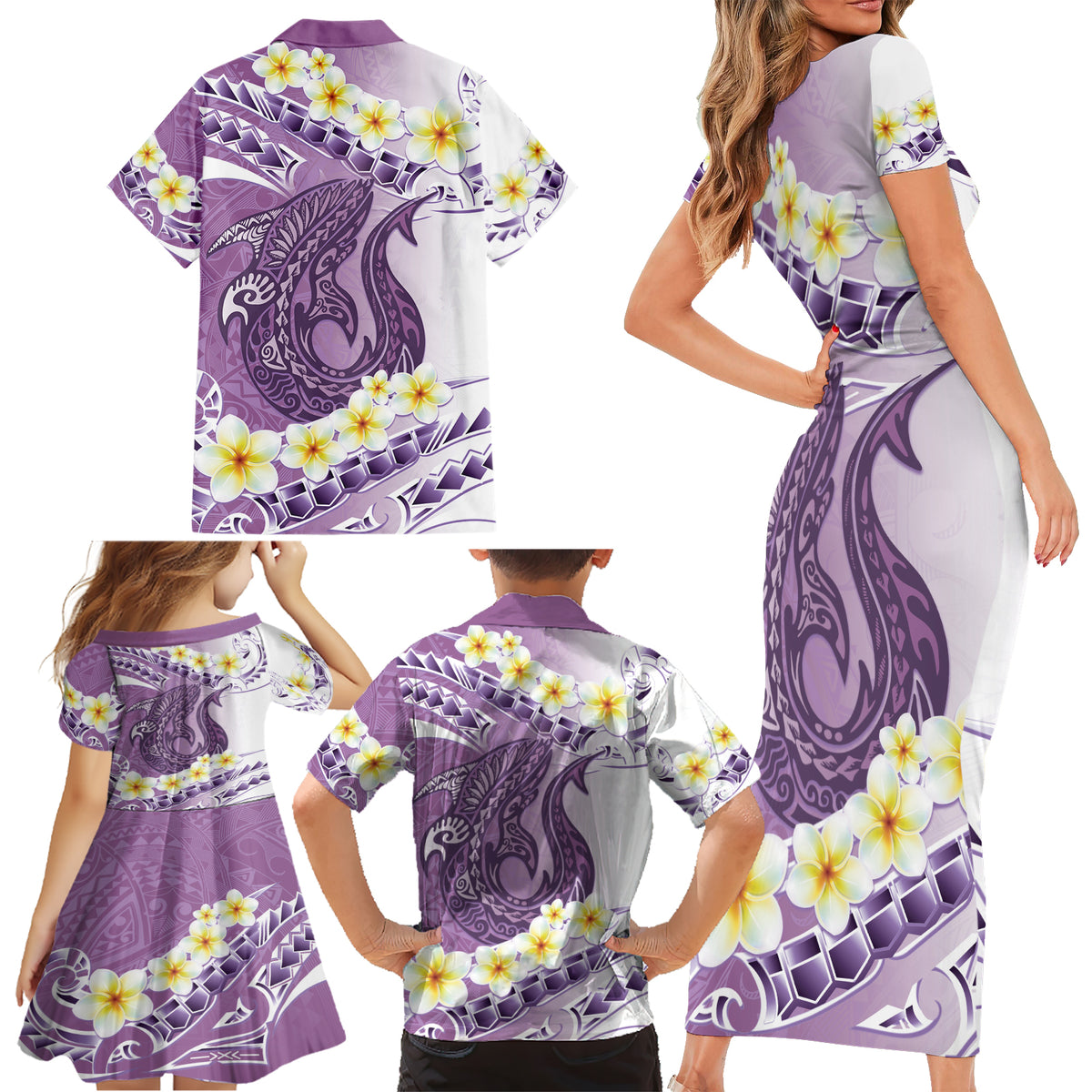 Purple Hawaii Shark Tattoo Family Matching Short Sleeve Bodycon Dress and Hawaiian Shirt Frangipani With Polynesian Pastel Version LT14 - Polynesian Pride