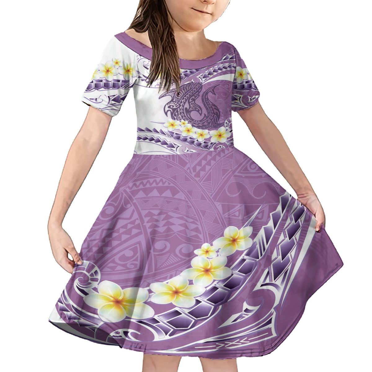 Purple Hawaii Shark Tattoo Family Matching Summer Maxi Dress and Hawaiian Shirt Frangipani With Polynesian Pastel Version LT14 Daughter's Dress Purple - Polynesian Pride