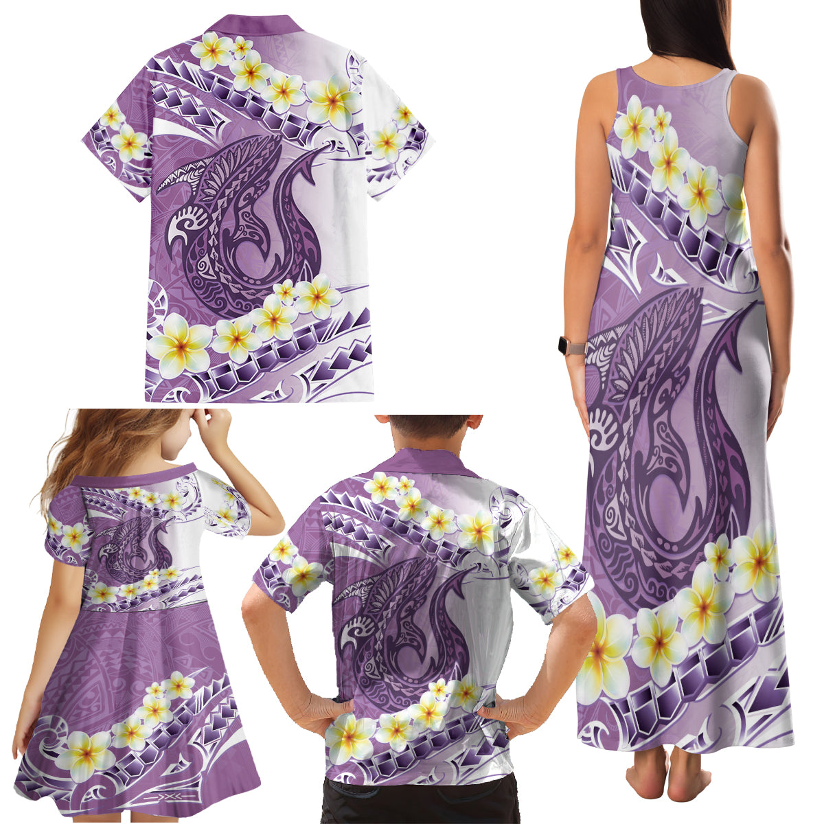 Purple Hawaii Shark Tattoo Family Matching Tank Maxi Dress and Hawaiian Shirt Frangipani With Polynesian Pastel Version LT14 - Polynesian Pride